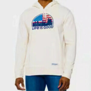 Life is Good Cream Hoodie Mens XXL Long Sleeve Pullover USA Flag Graphic Cozy